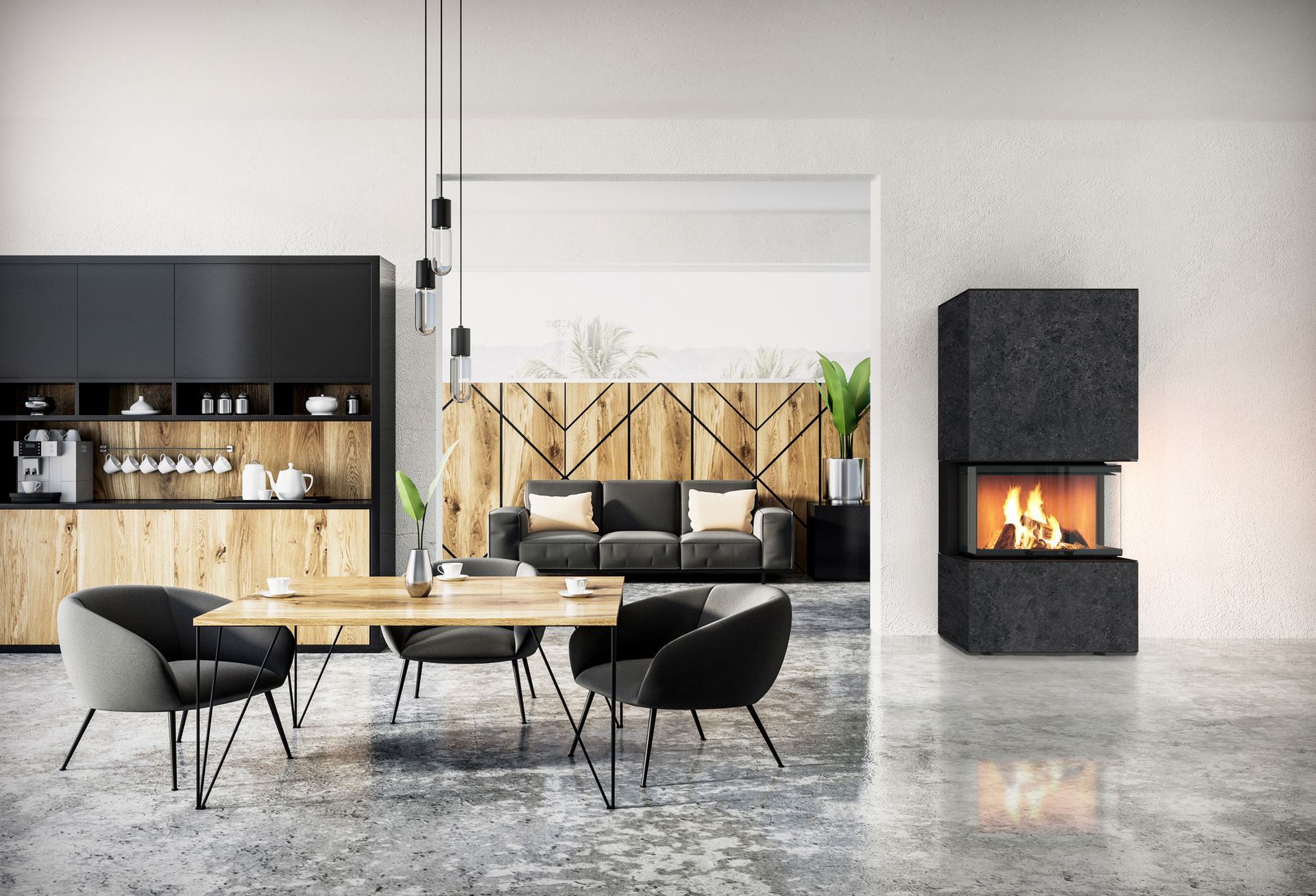 NEOCUBE Kaminofen im modernen Wohnraum mit Essbereich – effiziente Heiztechnik und stilvolles Ambiente
