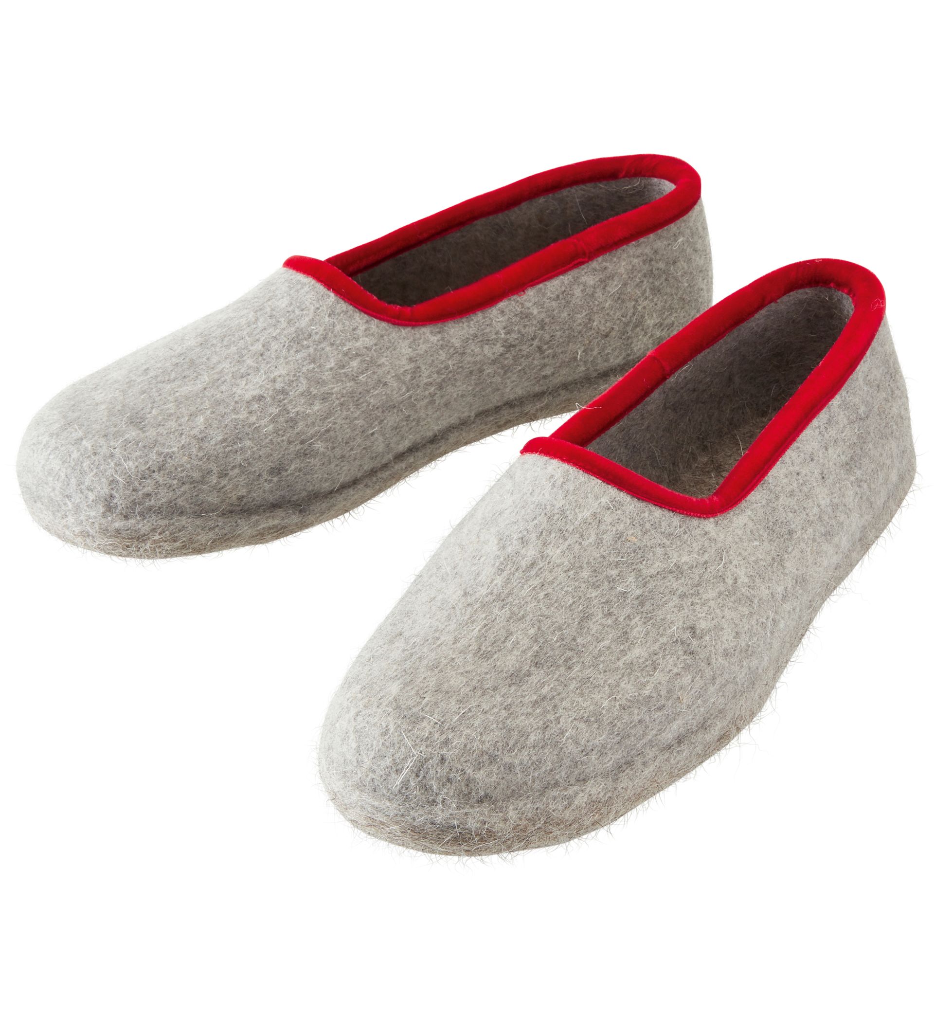 Filzpantoffeln grau mit rotem Rand von Gea – bequeme Hausschuhe aus natürlichem Wollfilz