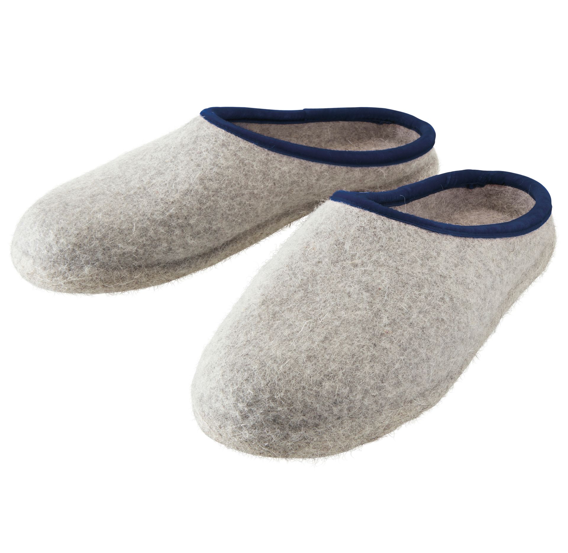 Offene Filzpantoffeln grau mit blauem Rand von Gea – gemütliche Hausschuhe aus Wollfilz