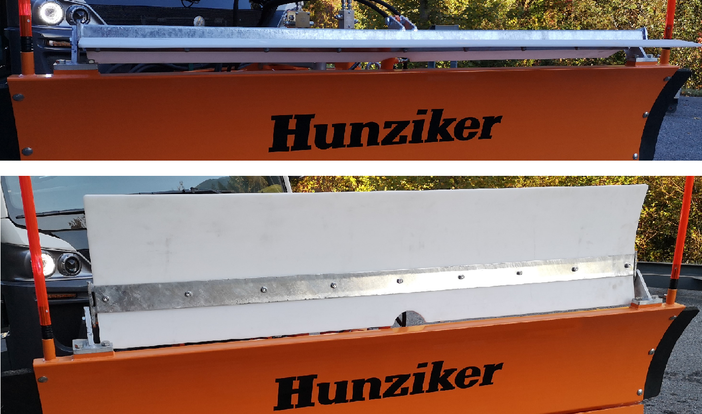 Zwei Ansichten eines Schneepflugs mit einer Metallklinge (oben) und einer weißen Polyklinge (unten). Der Pflug ist orange und