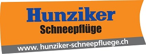 Logo für Hunziker Schneepflüge, ein Unternehmen mit orangefarbenem und grauem Hintergrund. Blauer Text „Hunziker“ oben und