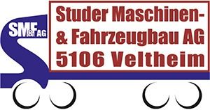 Logo for Studer Maschinen- & Fahrzeugbau AG in Veltheim, Switzerland, featuring a blue truck silhouette and the company