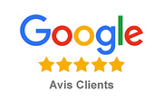 Logo Google au-dessus de cinq étoiles jaunes avec le texte Clients Avis  en dessous.
