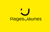 Le logo de PagesJaunes présente une icône noire stylisée représentant un visage souriant au-dessus du nom de l'entreprise sur fond jaune.