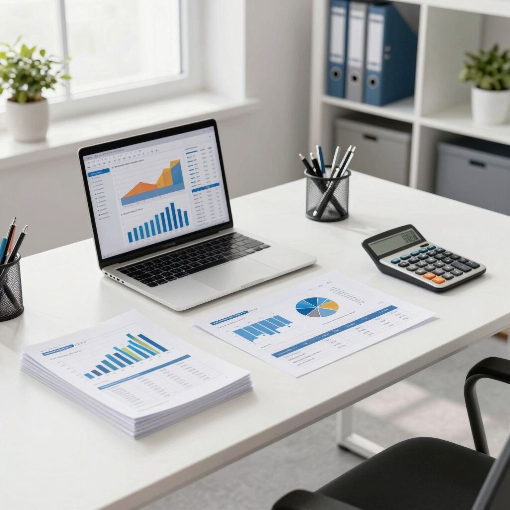 Computadora portátil y gráficos impresos sobre un escritorio blanco, calculadora y útiles de oficina.