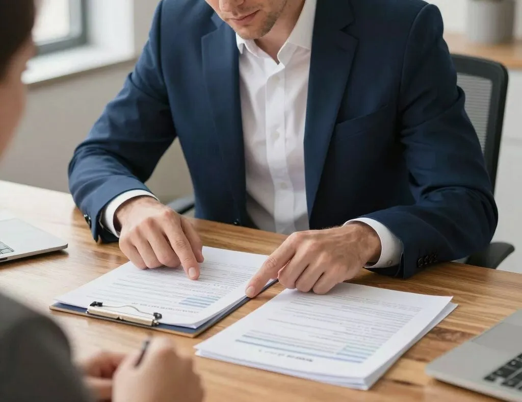 Hombre con traje azul señalando papeles en un escritorio durante una reunión.