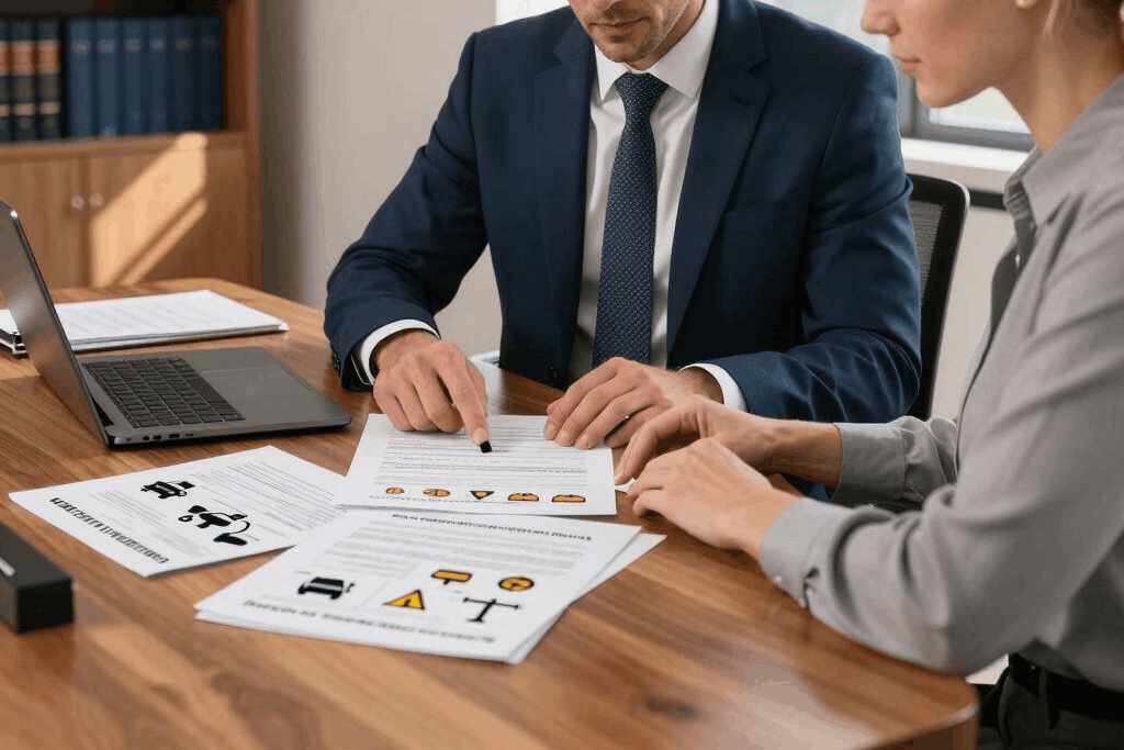 Dos personas revisando documentos en un escritorio, una señalando, entorno de oficina.