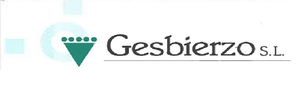 Logotipo de Gesbierzo sl, con un triángulo invertido verde y puntos sobre él. El nombre aparece en gris oscuro.