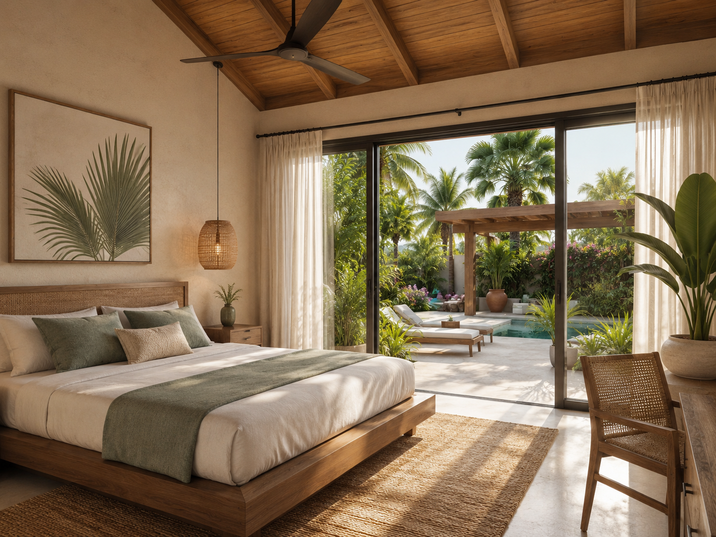 Slaapkamer van de villa Aloe, met openslaande deuren naar het terras