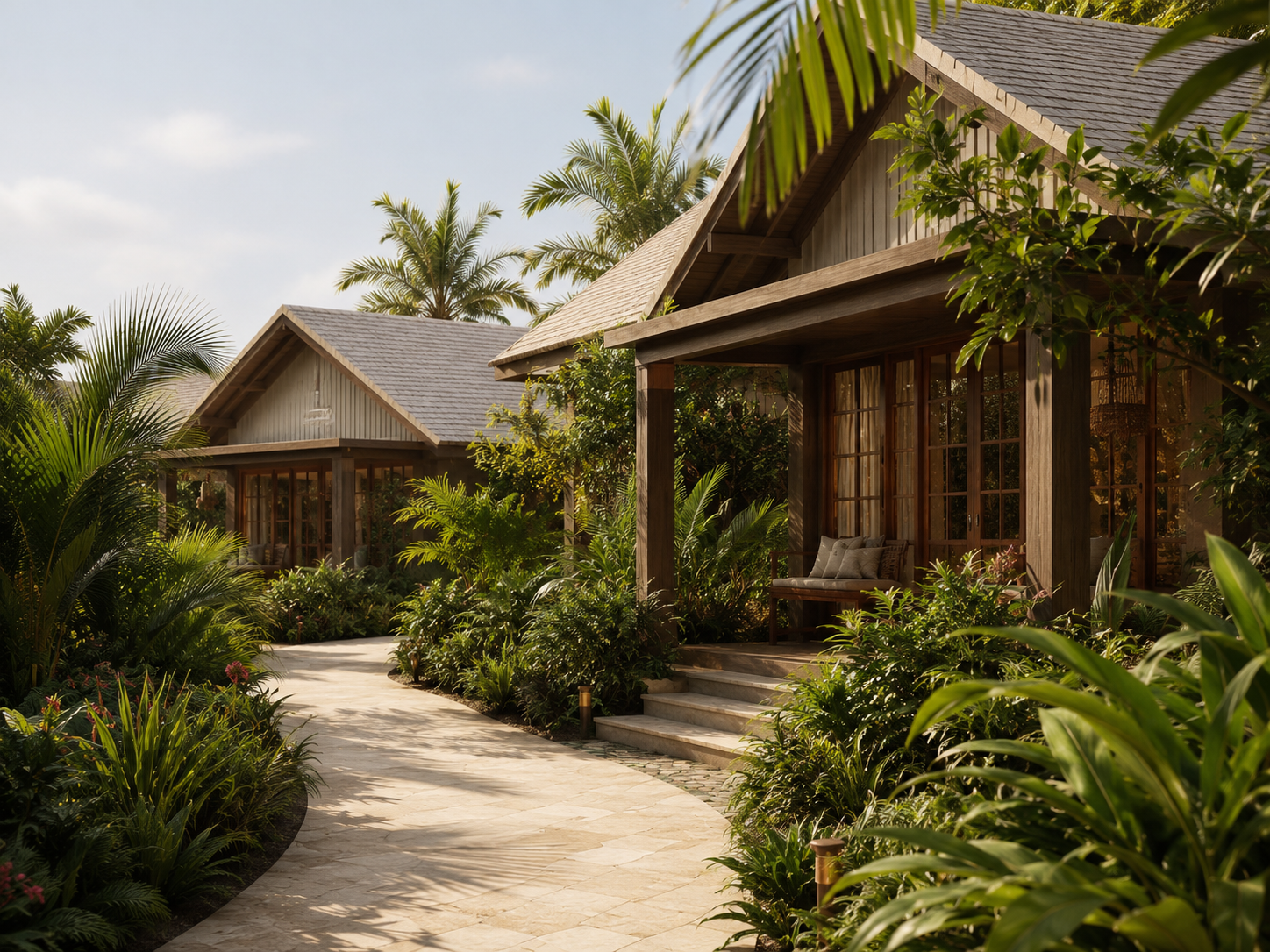 Bungalows tussen palmen op het terrein van Aloë Resort Curaçao