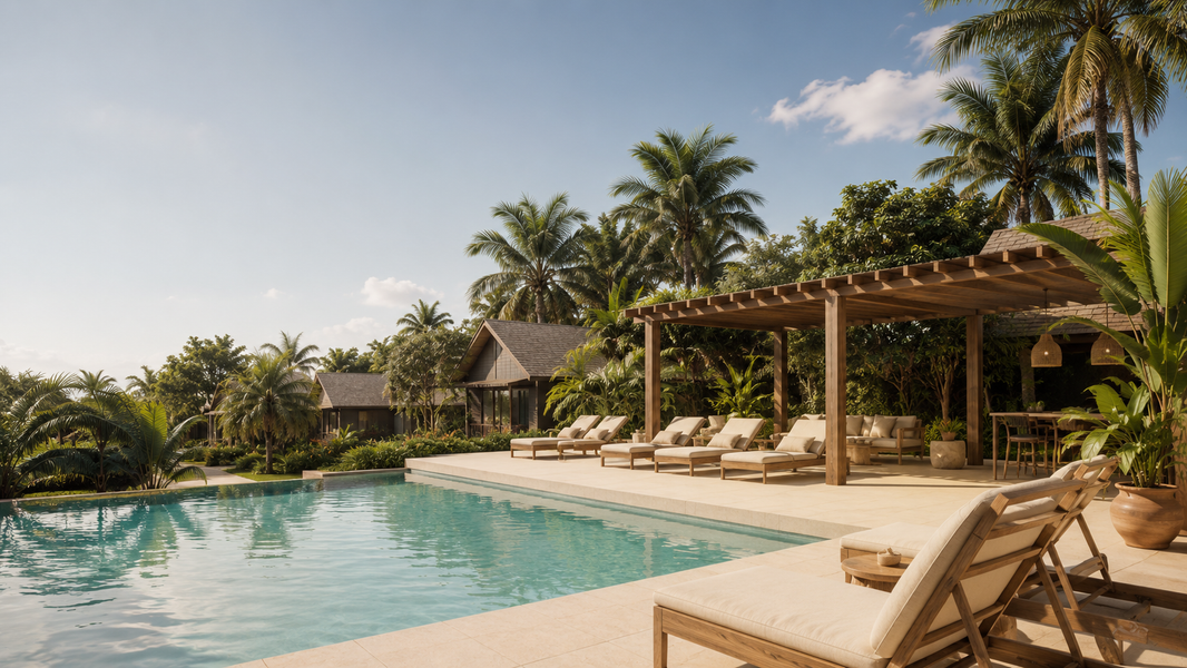 Het zwembad van Aloë Resort met ligbedden en pergola