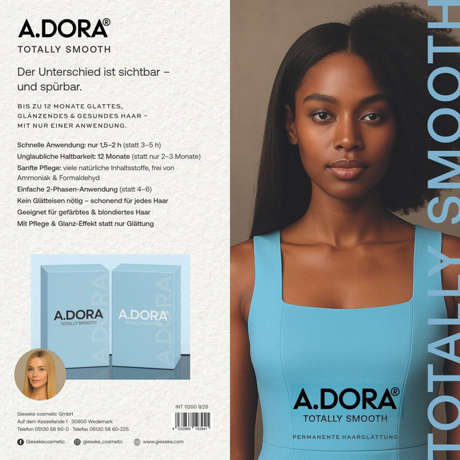 Produktwerbung, die eine Frau mit sowohl krausem als auch glattem Haar zeigt, neben der Produktverpackung.