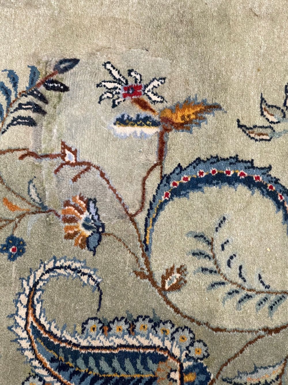 Eine Nahaufnahme eines Teppichs mit Blumen und Blättern darauf