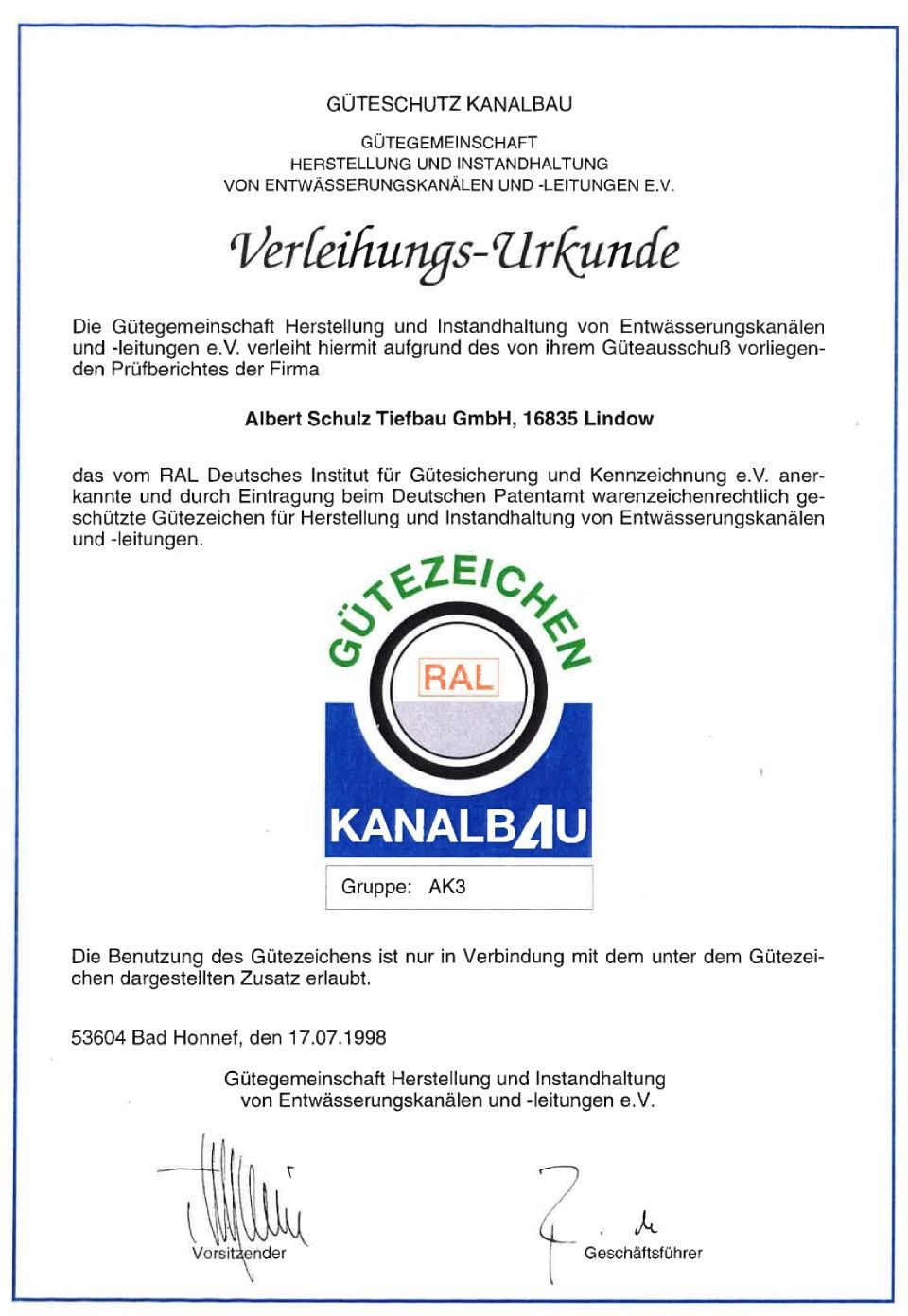 Urkunde Alber Schulz Tiefbau Vielitzsee