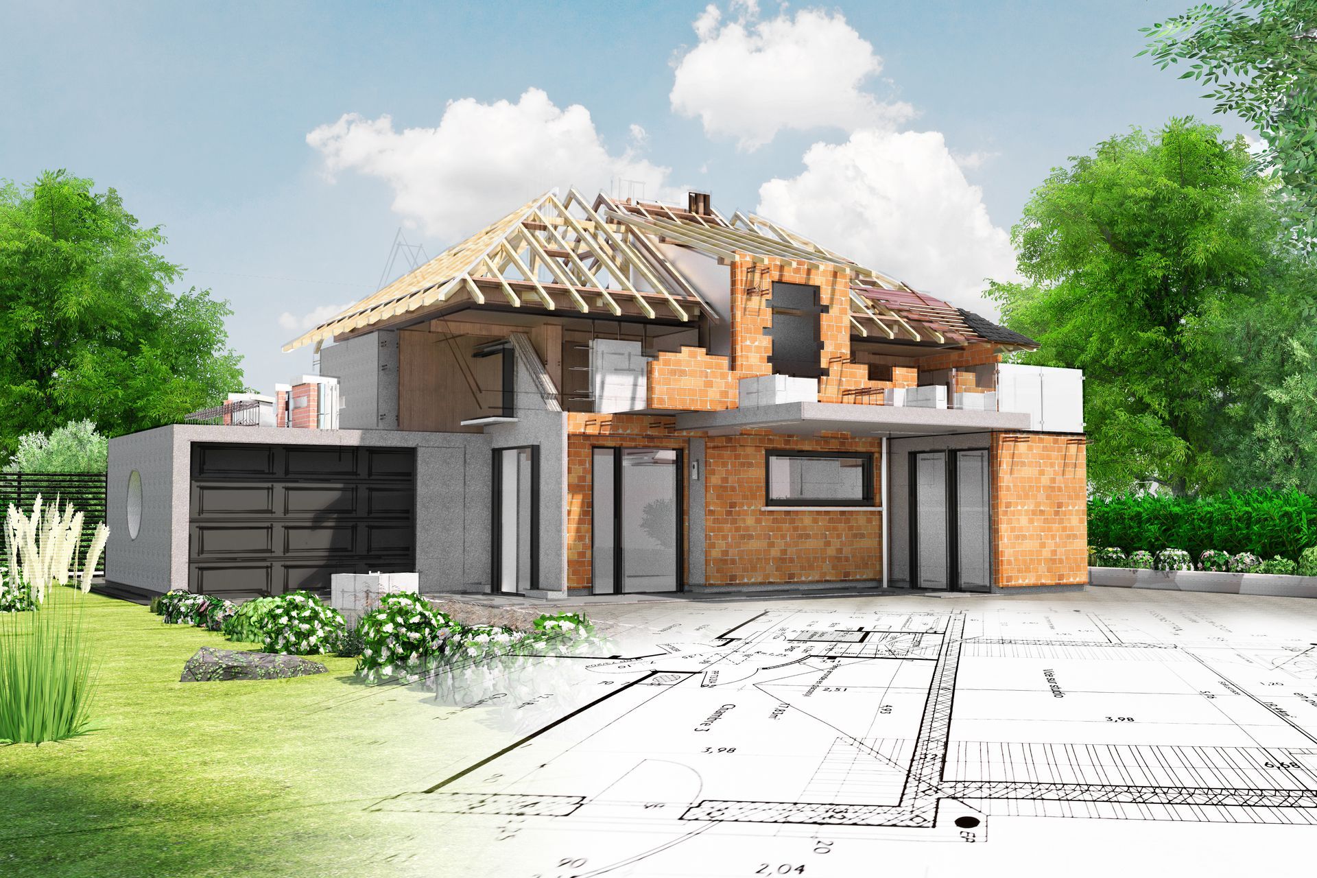 Maison moderne en construction avec charpente apparente, façade en briques grises et vertes, entourée d'arbres.