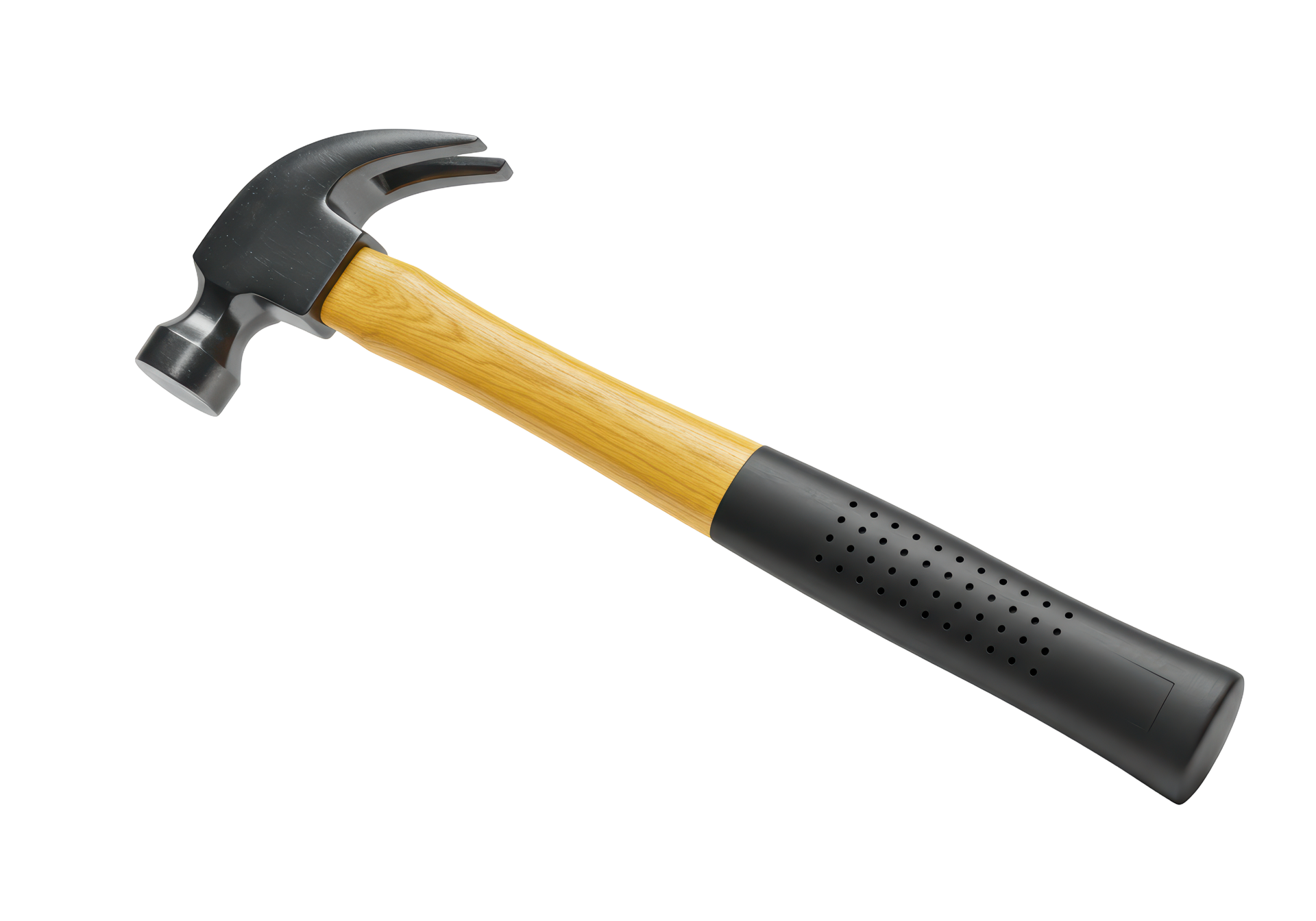 Marteau à griffes noir avec manche en bois et poignée noire sur fond blanc