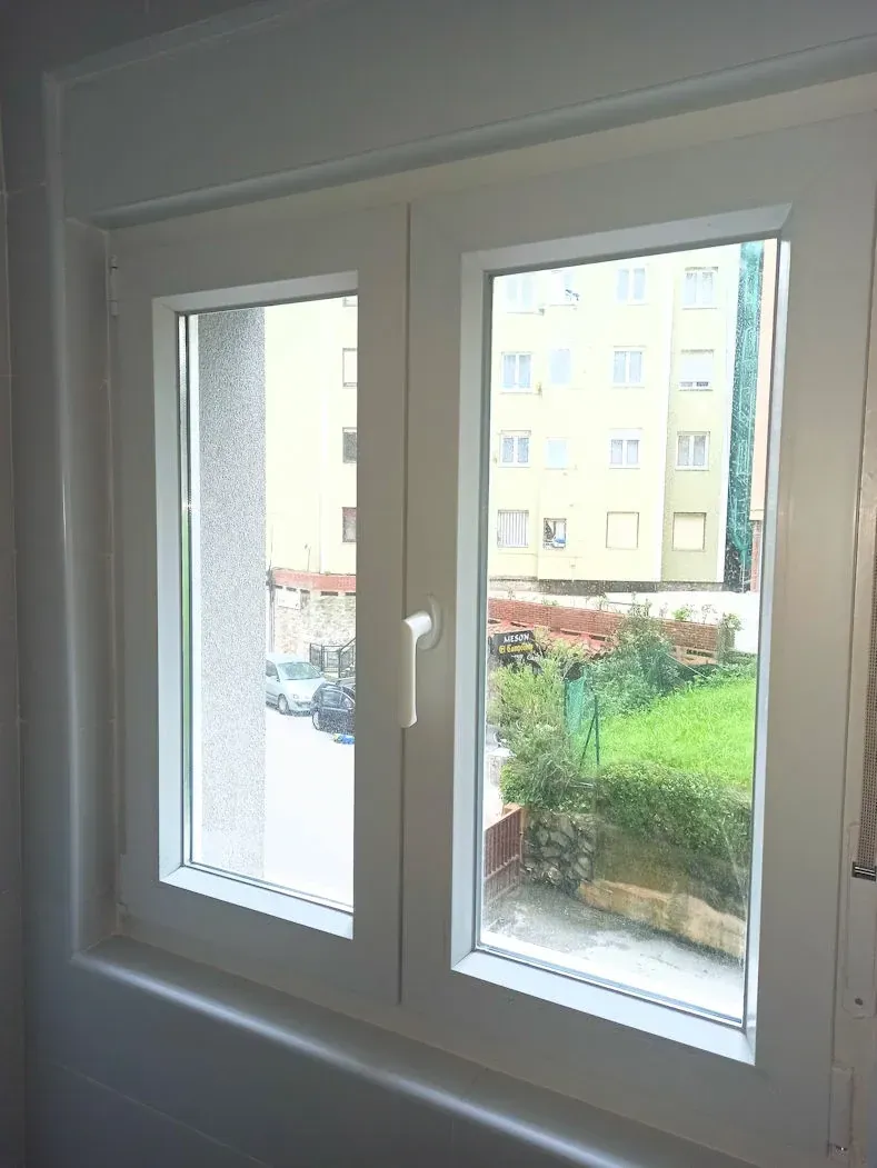 Ventana blanca, de doble panel, que da a una calle con coches y un edificio, y un patio verde.