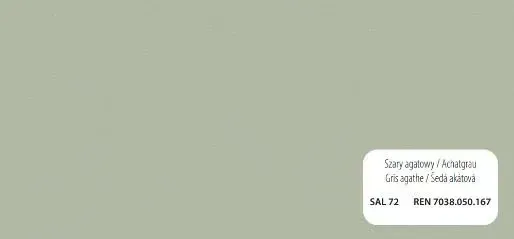 Una muestra de pintura verde apagada con un texto que la describe como