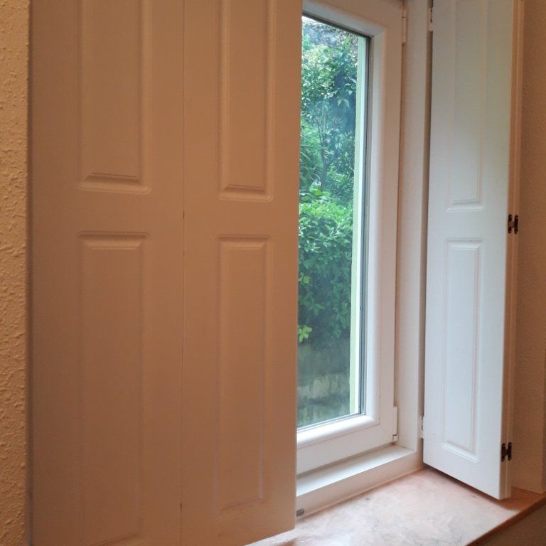 Contraventanas blancas, una cerrada y la otra abierta, enmarcando una vista de follaje verde fuera de la ventana.