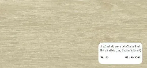 Primer plano de una superficie de madera beige claro. Una etiqueta blanca en la esquina inferior derecha muestra los detalles del producto, incluyendo el nombre