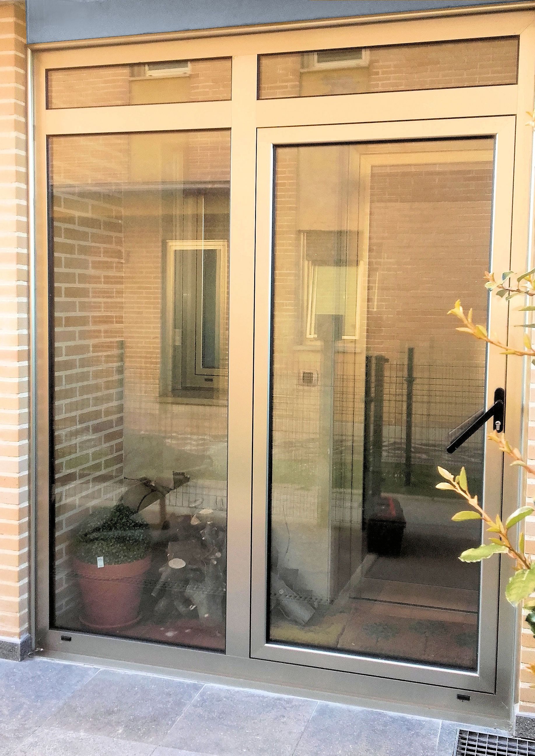 Puertas de vidrio con marco de metal, que muestran un espacio interior con una planta en maceta y una ventana.