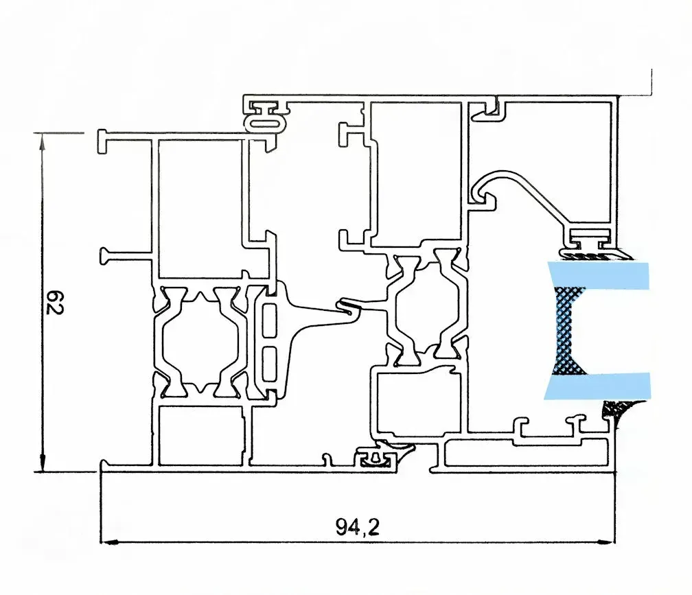 Diagrama de la sección transversal de un marco de ventana, con las dimensiones etiquetadas. Muestra varios perfiles de aluminio con una sección azul que representa el vidrio.