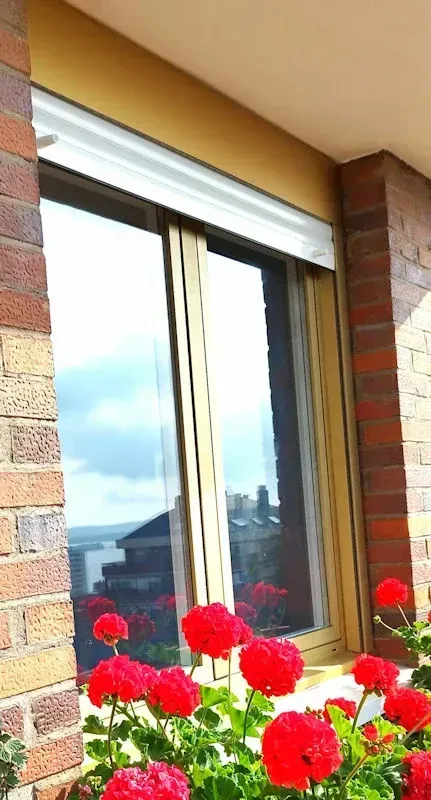 Ventana con geranios rojos, pared de ladrillo y vista de un cuerpo de agua bajo un cielo nublado.