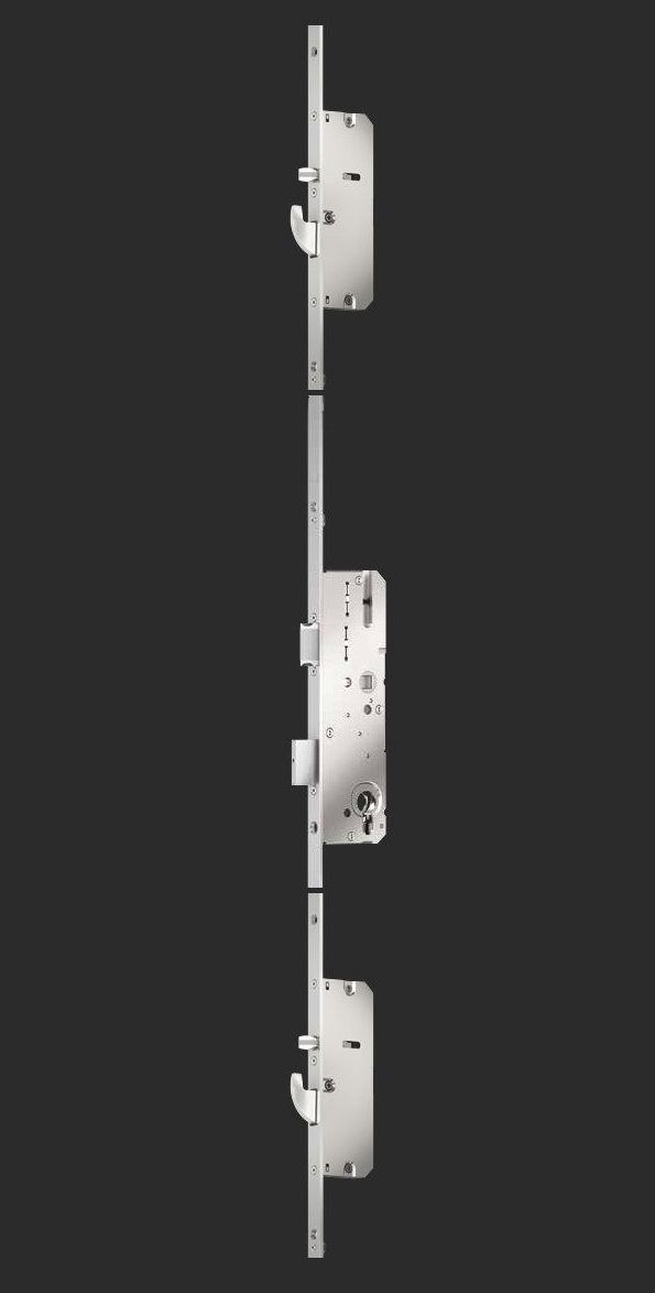 Mecanismo de cerradura de puerta multipunto de metal con tres cajas de cerradura, sobre un fondo oscuro.