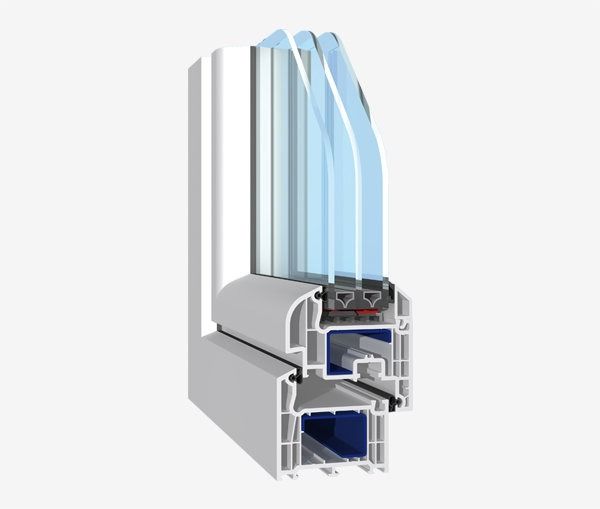 Sección transversal de un marco de ventana de PVC blanco con vidrio de triple panel, que muestra los detalles de construcción de la ventana.