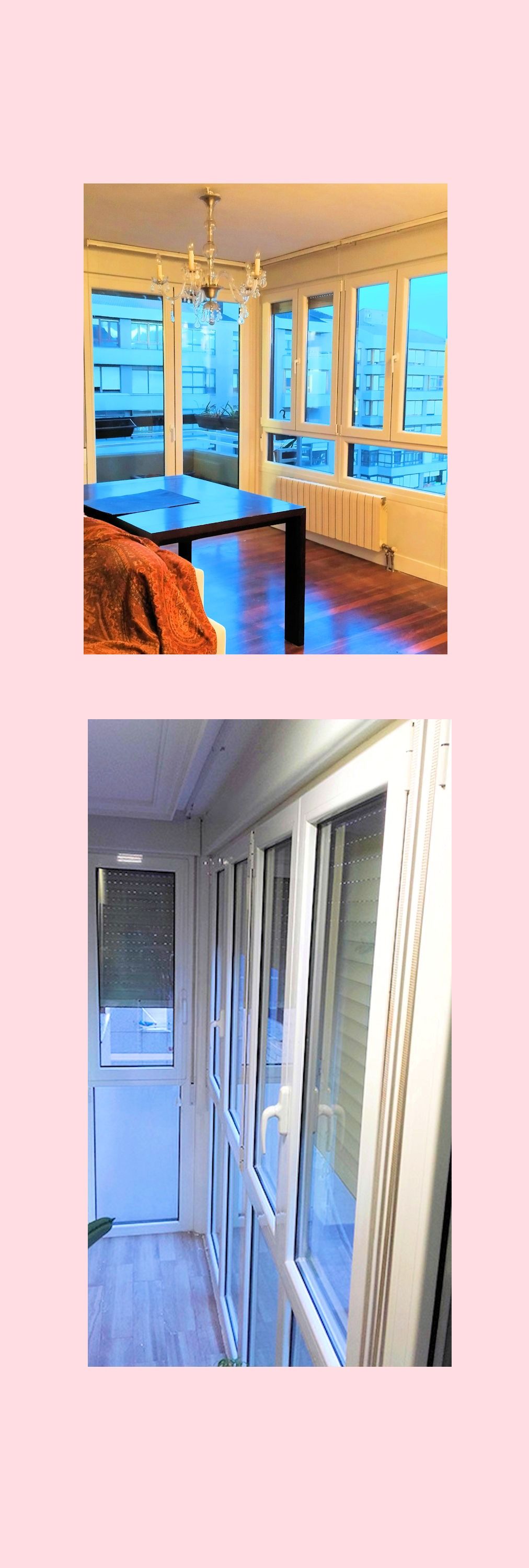 Dos imágenes: una habitación con muchas ventanas y una mesa; un pasillo con muchas ventanas.