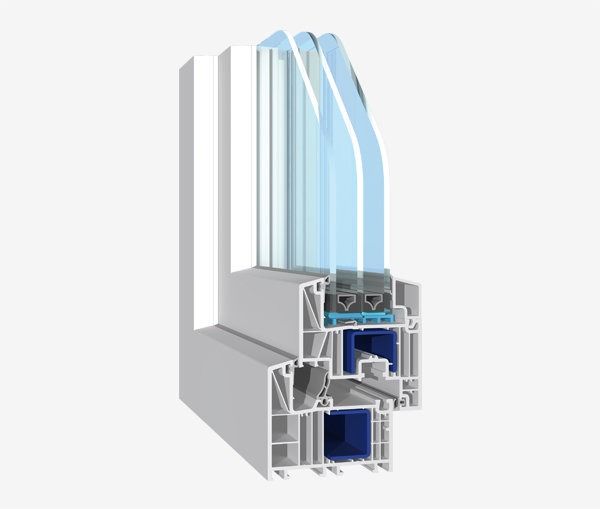Sección transversal de un marco de ventana de PVC blanco que muestra vidrio de múltiples paneles y aislamiento interno.