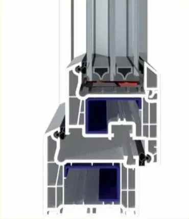 Diagrama de sección transversal de una ventana multipanel. Muestra la estructura interna con vidrio, marcos y cámaras de aire en gris, negro y azul.