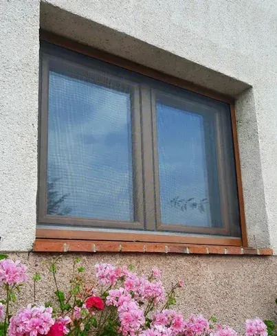 Una ventana con mampara, que refleja un cielo nublado, situada en una pared de estuco sobre flores rosas.