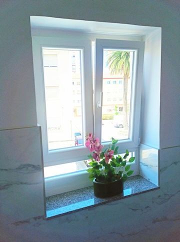 Ventana con marco blanco y alféizar incorporado que contiene una planta en maceta, ubicada en un área empotrada blanca, con vista al exterior.