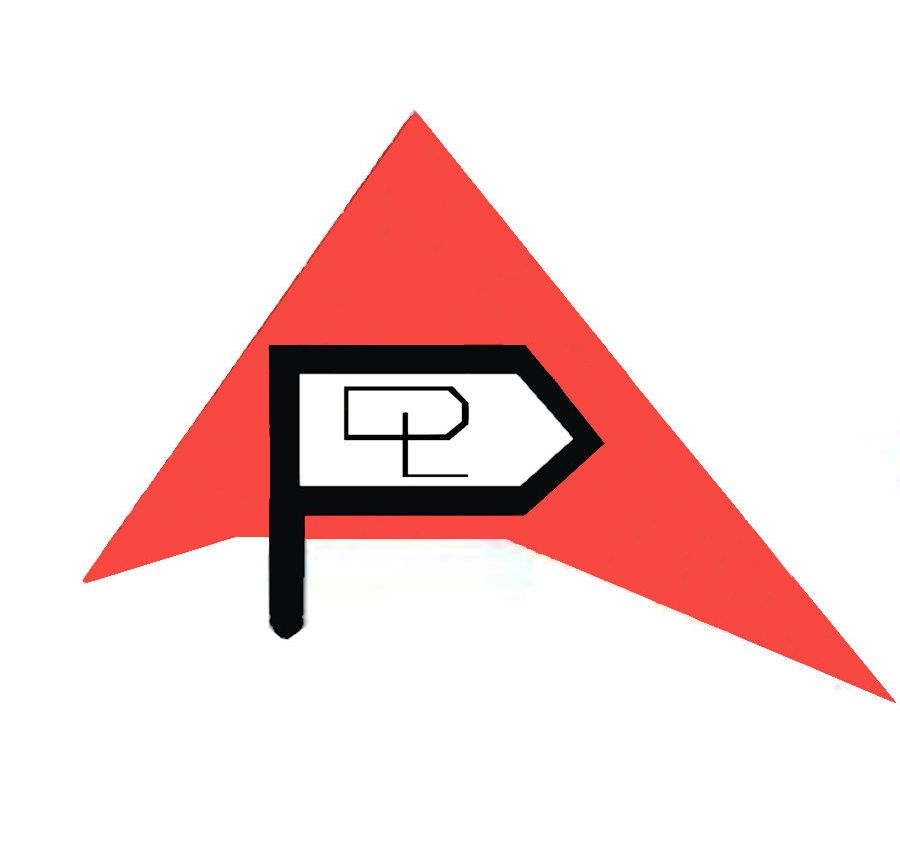 Triángulo rojo con una flecha blanca y negra que contiene las letras 