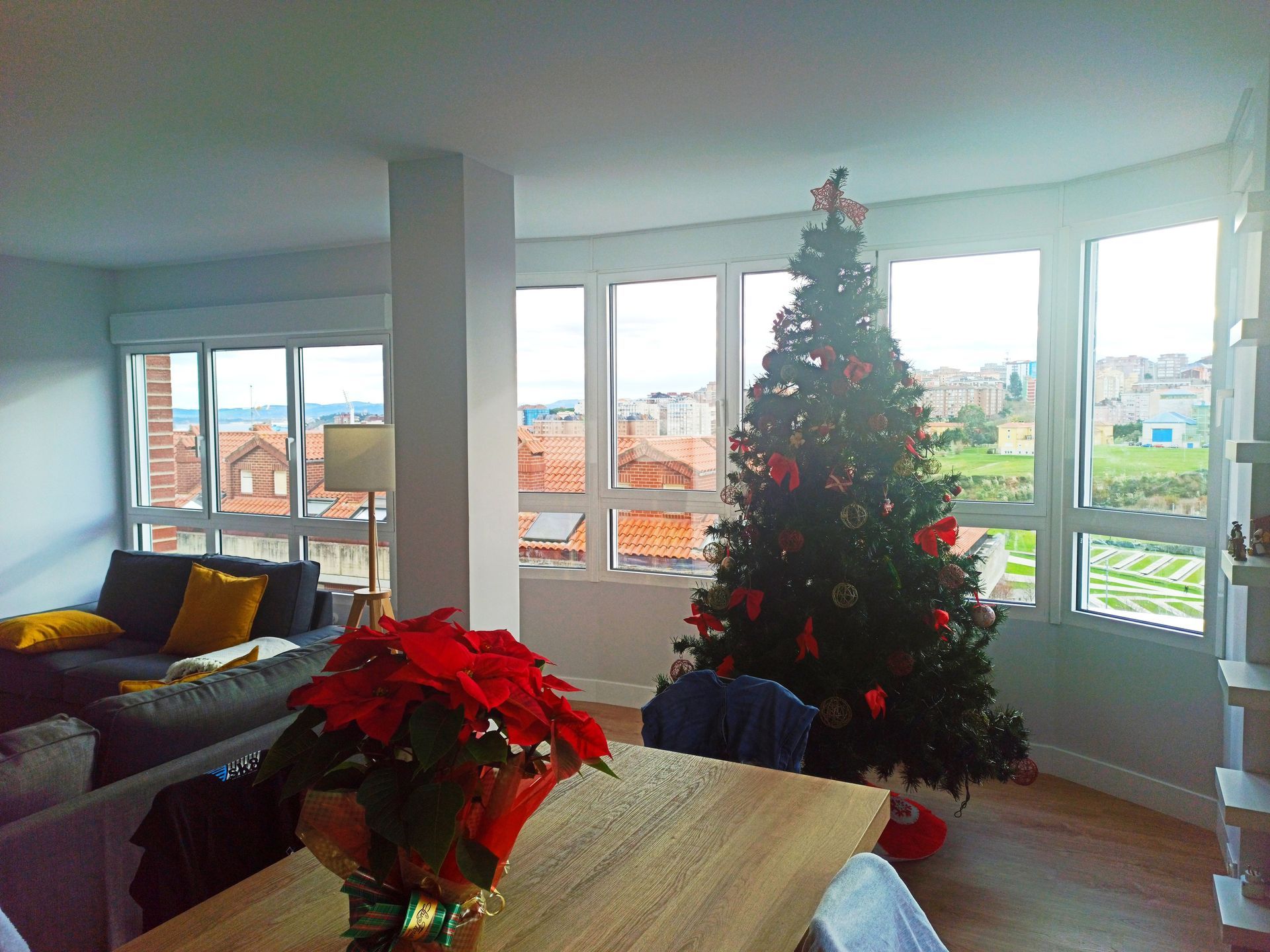 Sala de estar con árbol de Navidad decorado, mesa con flor de Pascua y vista de los tejados a través de grandes ventanales.
