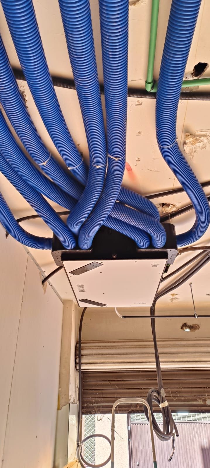 Un montón de tubos azules cuelgan del techo de un edificio.