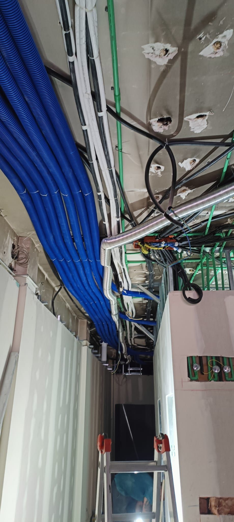 Un montón de tubos azules cuelgan del techo de un edificio.