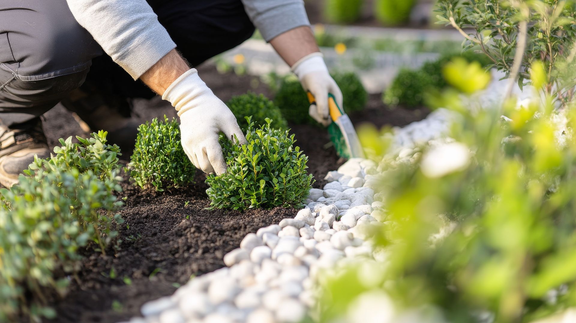 Les mains gantées d'un jardinier plantent de petits arbustes dans un parterre aménagé avec des pierres blanches.