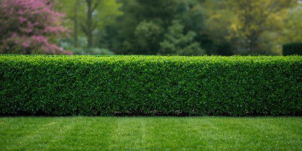 Une haie verte soigneusement taillée dans un jardin avec des fleurs rose pâle et des arbres flous en arrière-plan