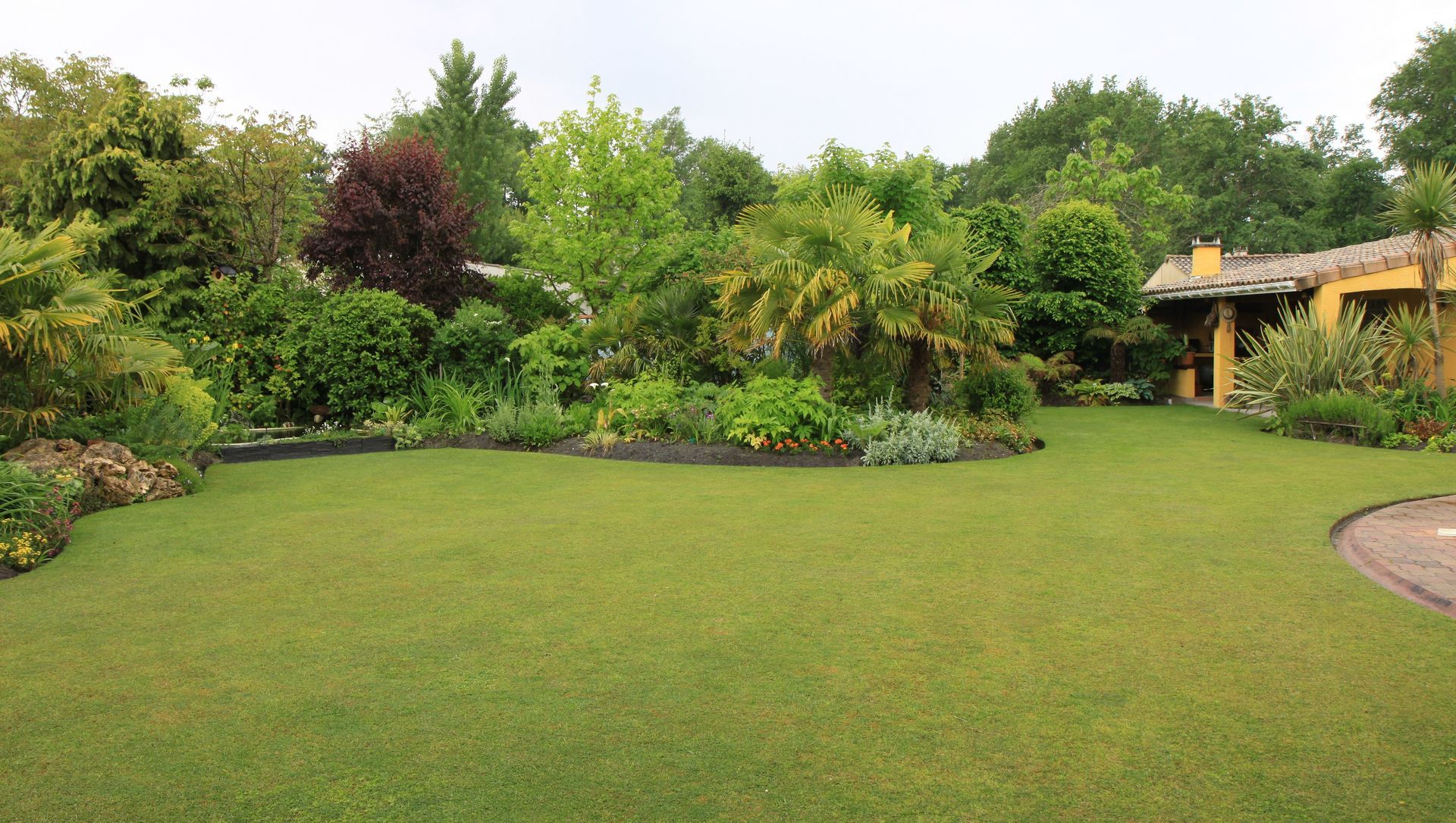 Pelouse verdoyante luxuriante avec plantes et arbres tropicaux, et un petit patio sur la droite.