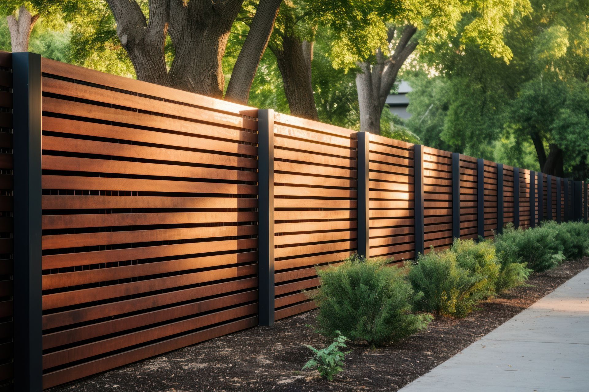 Longue clôture en lattes de bois longeant un trottoir, avec des arbres et des arbustes dans un cadre urbain paysager