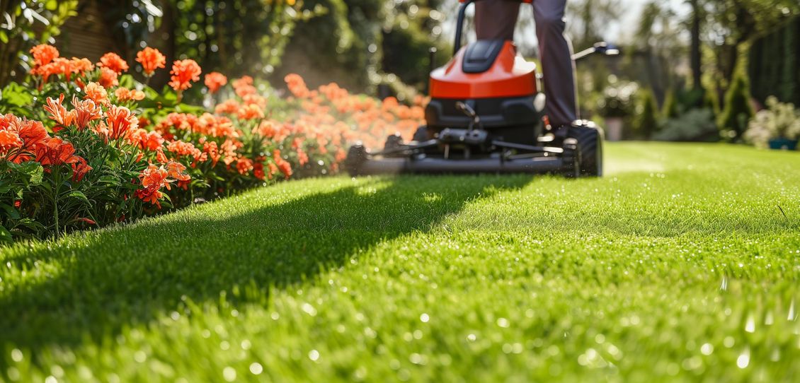 Une personne tond une pelouse d'un vert luxuriant à côté de fleurs orange vif dans un jardin ensoleillé