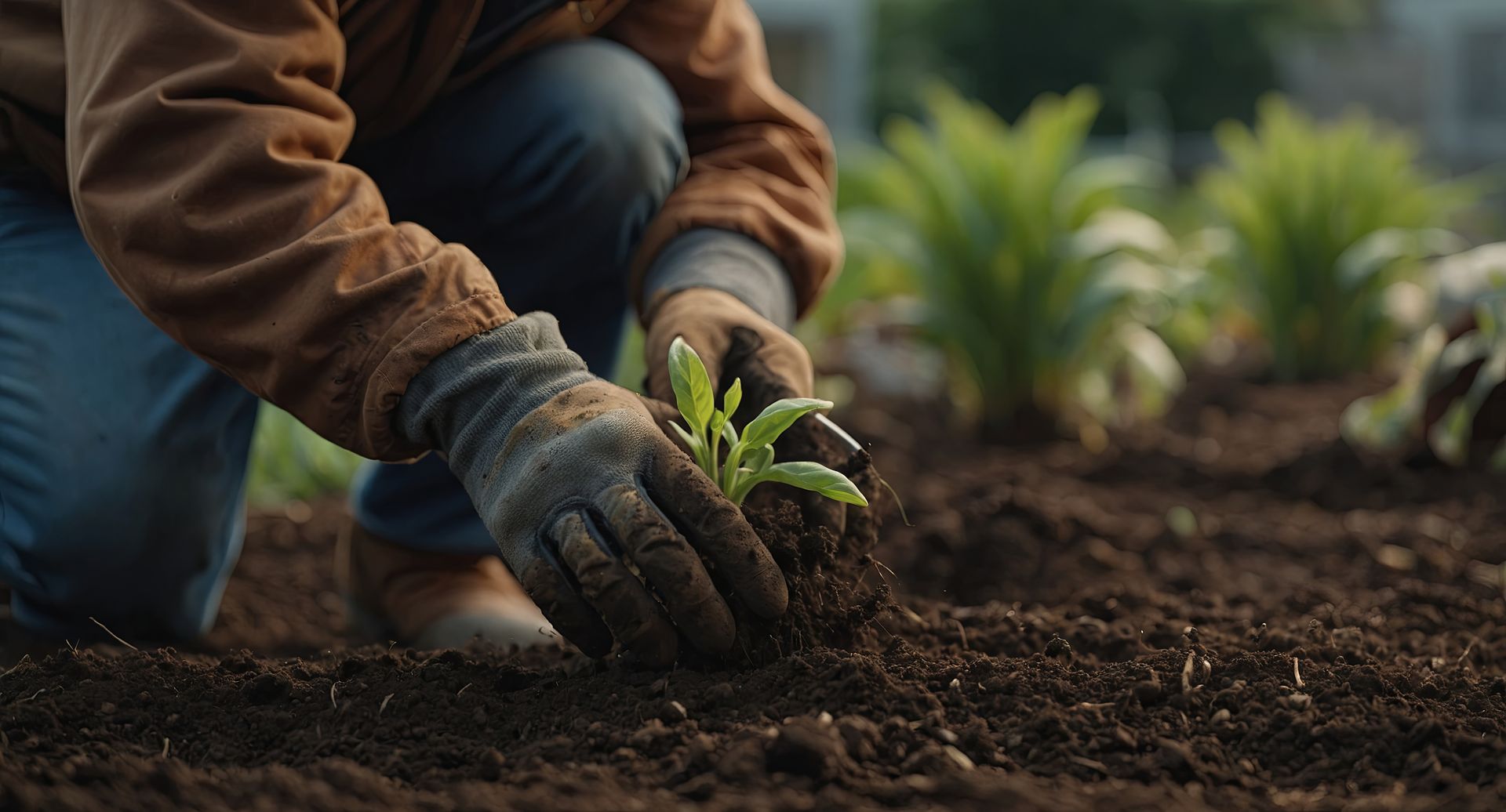Des mains gantées plantent un petit semis vert dans la terre sombre d'un jardin, avec des plantes floues en arrière-plan.