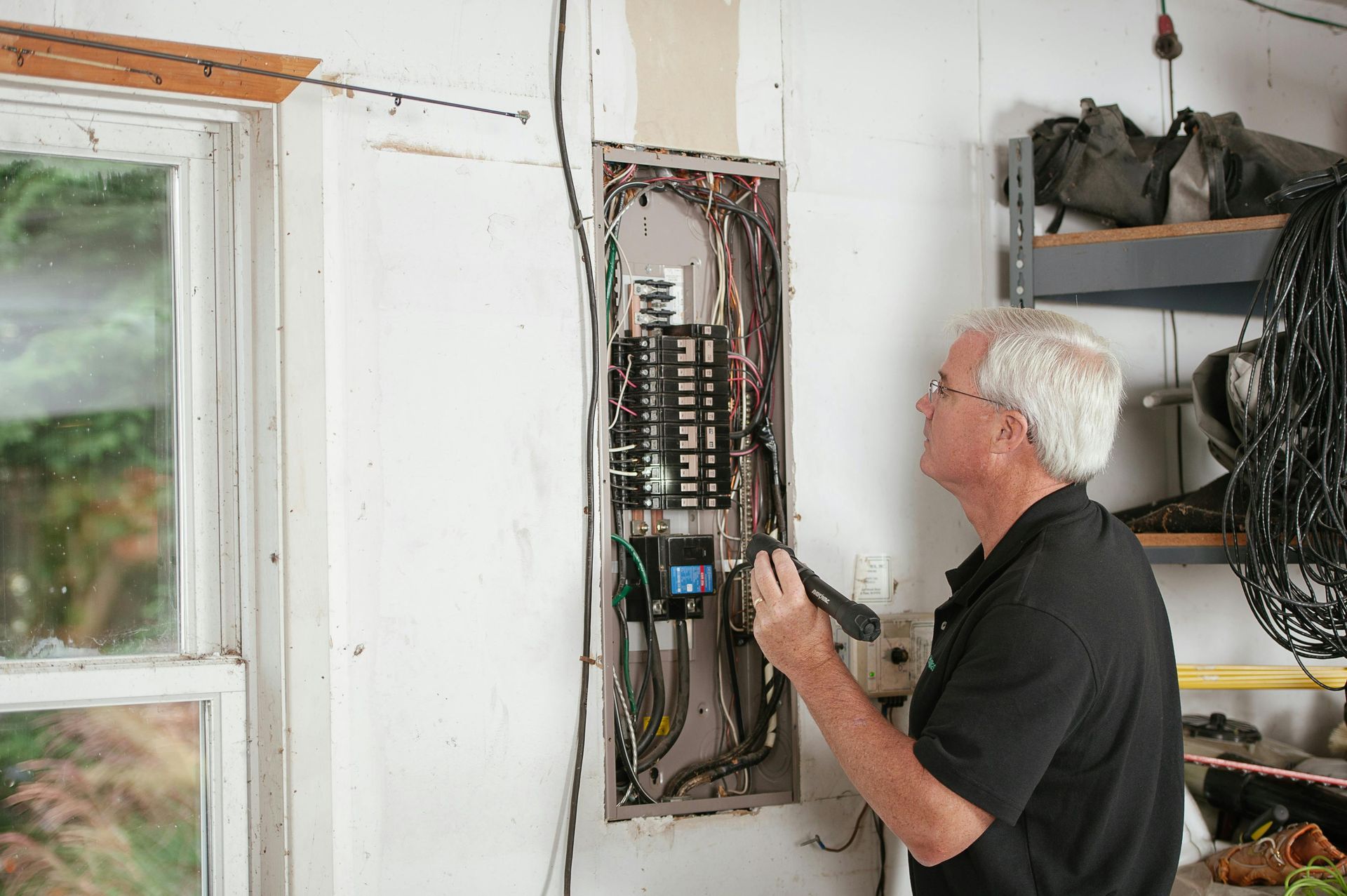 Un hombre está trabajando en una caja eléctrica en un garaje.