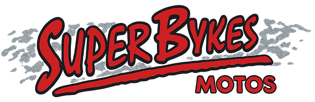 Logotipo para Super Bykes Motos, texto rojo y subrayado con fondo blanco y gris.