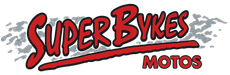 Logotipo para Super Bykes Motos, texto rojo y subrayado con fondo blanco y gris.