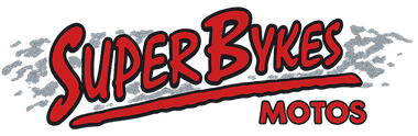 Logotipo para Super Bykes Motos, texto rojo y subrayado con fondo blanco y gris.