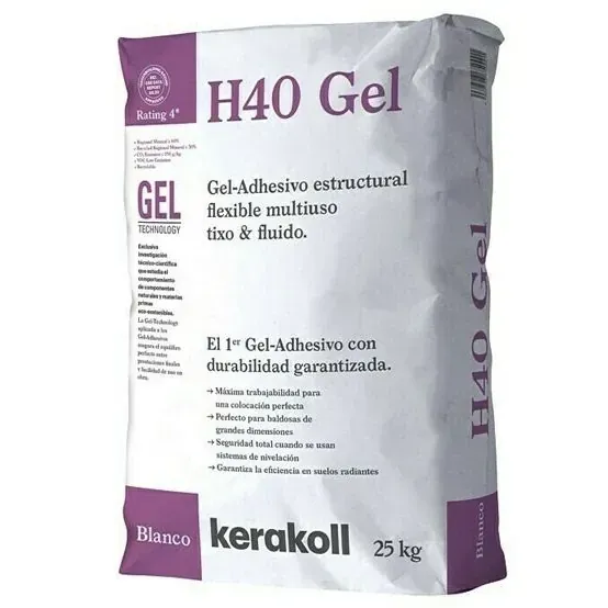Bolsa blanca de adhesivo estructural Kerakoll H40 Gel, con texto en español y peso 