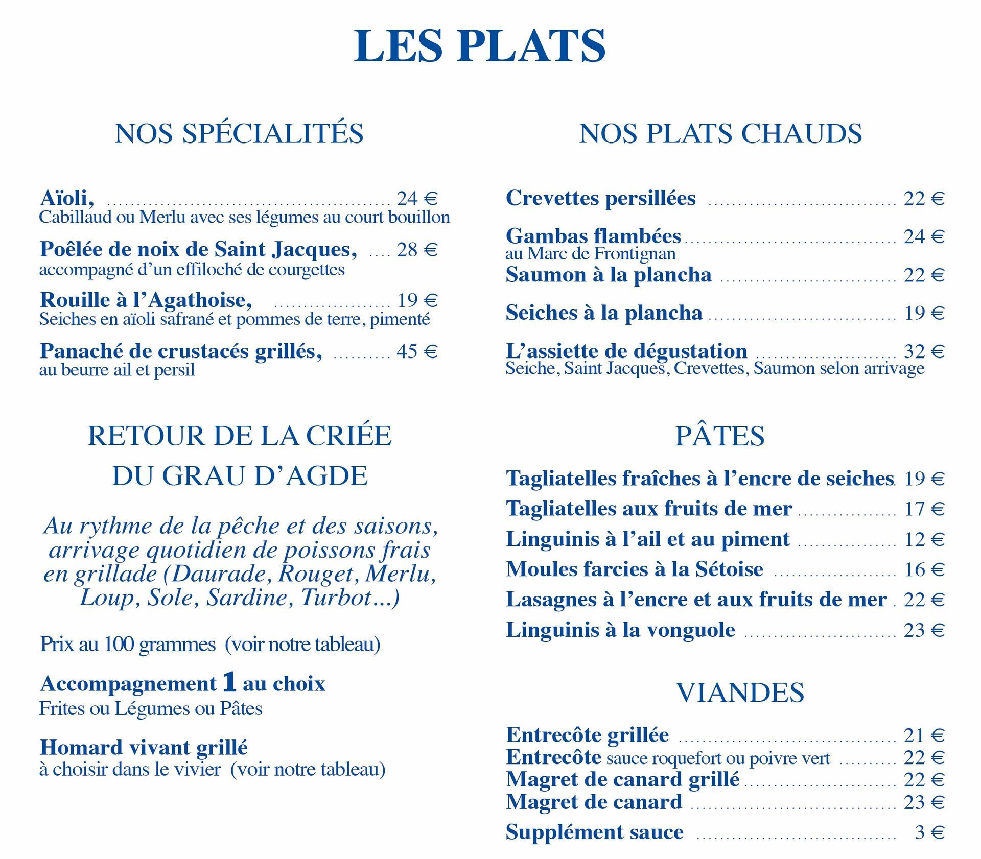 Menu des plats